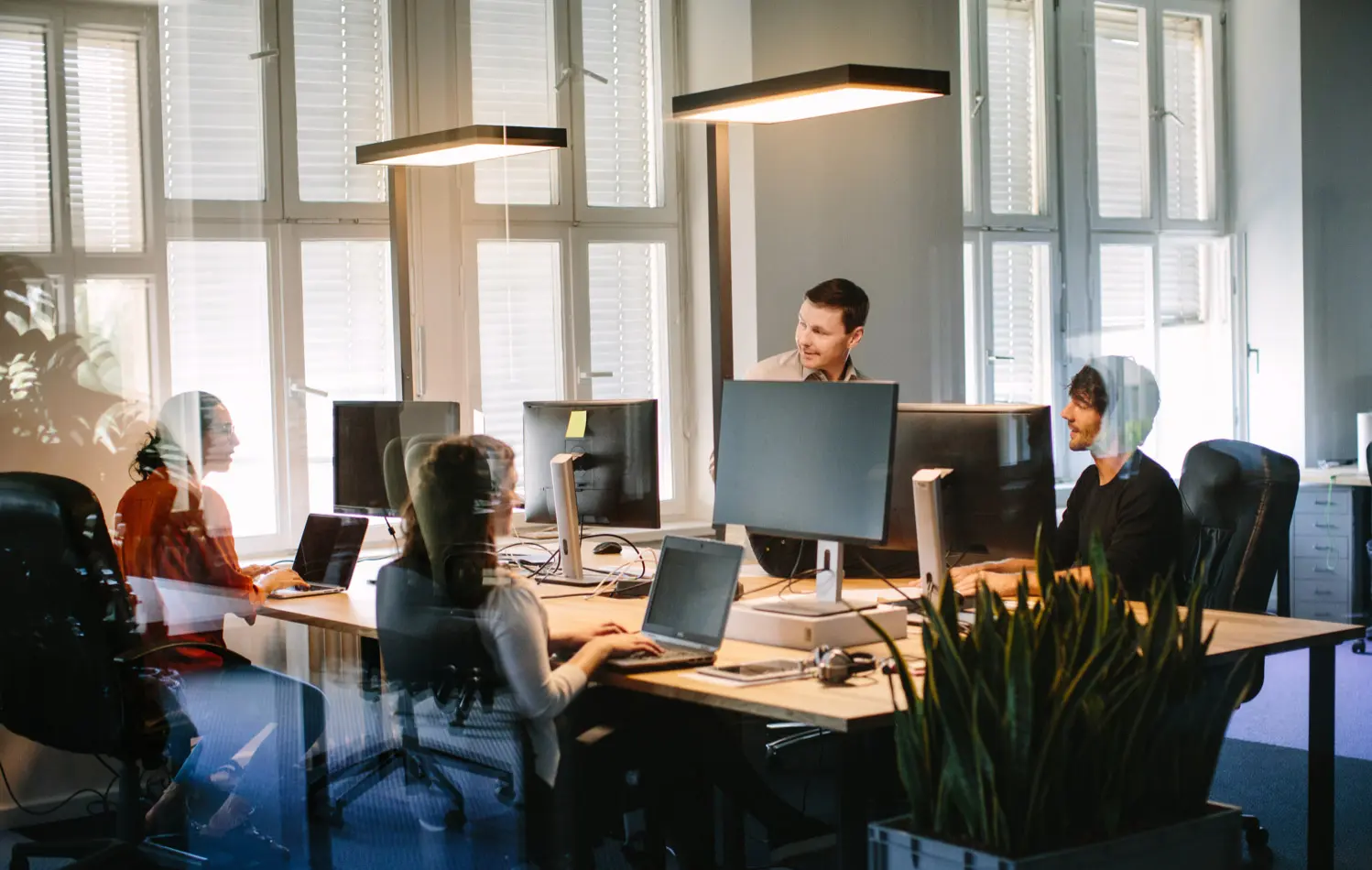 Team of IT specialists working at their desks in a bright office